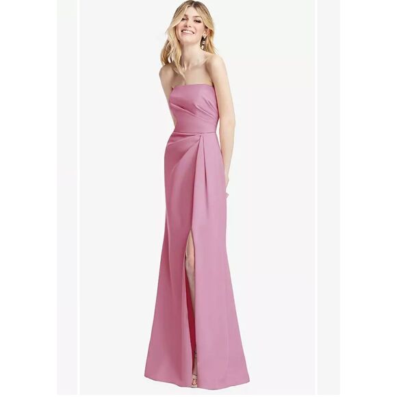 After Six SZ 4 Strapless Pleated Faux Wrap Trumpet Gown Front Slit Powder Pink - Picture 2 of 4